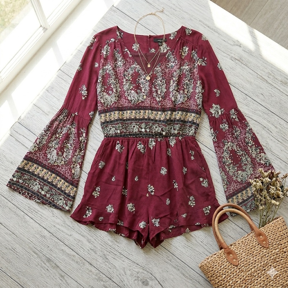 Very J Burgundy Floral Boho Romper